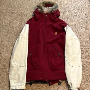 DC Men's Maroon and Ivory Bomber Jacket with Faux Fur Hood